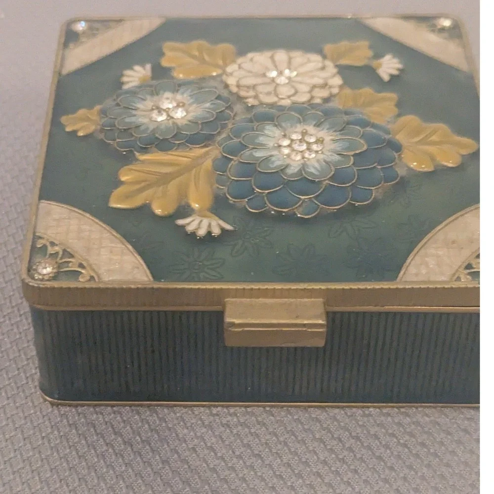Vintage Enamel Floral Trinket Box Teal Rhinestone Inlay Mirrored Jewelry Case